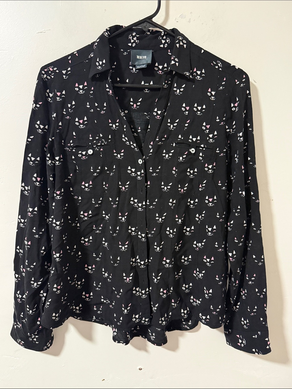 Maeve Black Cat-Face Button-Down Shirt with Pink Accents